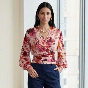 Express Floral Balloon Sleeve Faux Wrap Top  NWT